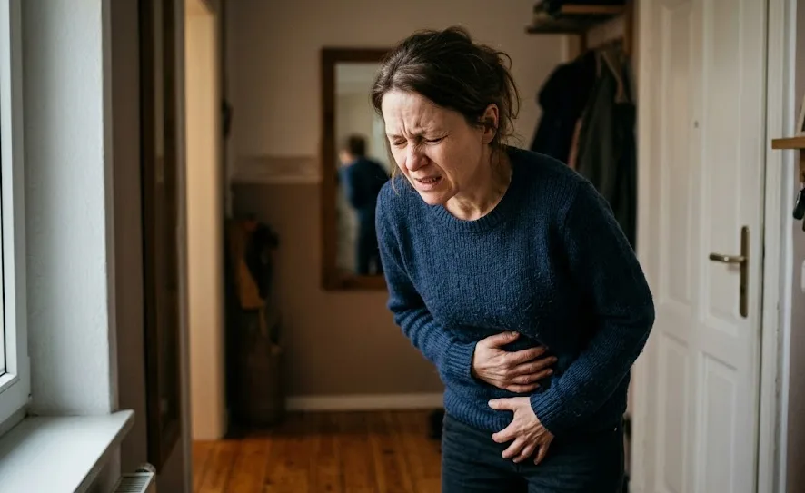 Frau hält sich mit schmerzverzerrtem Gesicht den Unterbauch