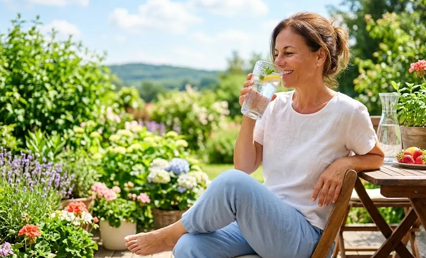 Frau trinkt entspannt ein Glas Wasser