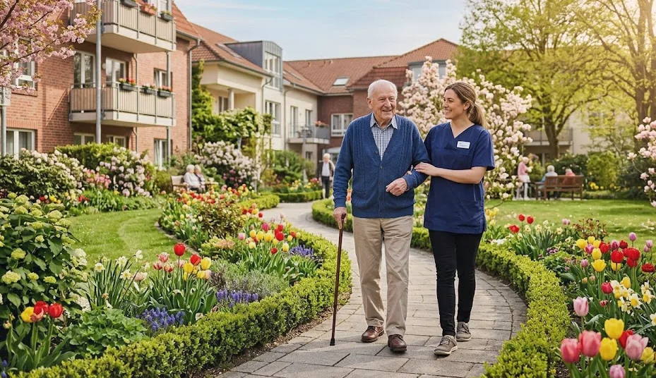 Pflegerin und älterer Herr spazieren zusammen durch einen gepflegten Garten einer Wohnanlage.