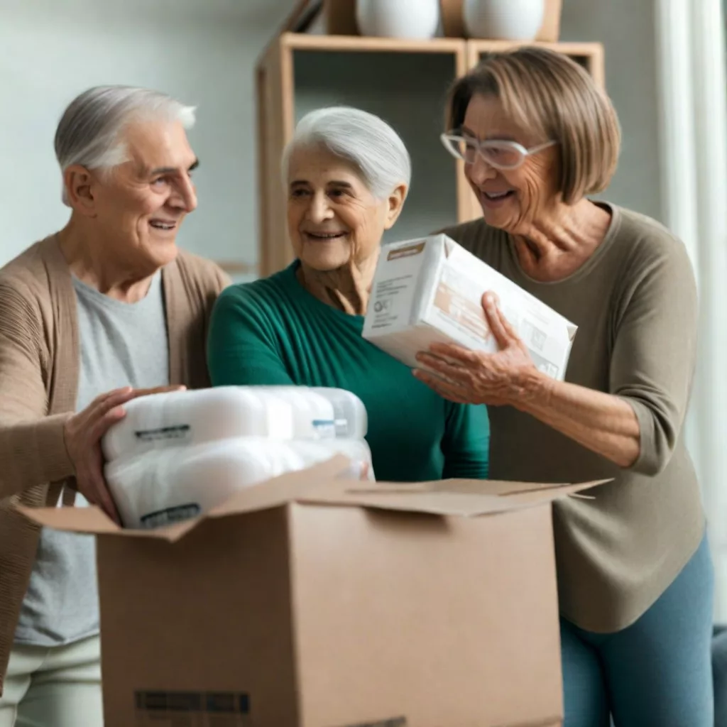 Pflegebox mit drei älteren Menschen beim Auspacken