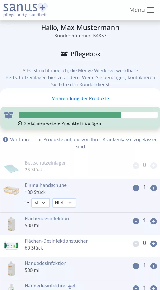 Kundenportal Plfegebox ändern der Produkte