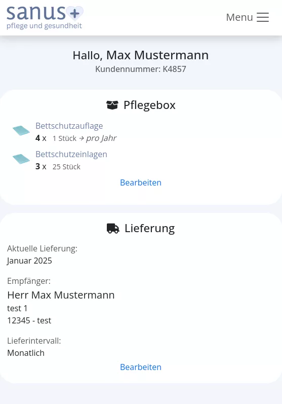sanus+ Kundenportal Übersicht