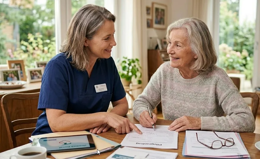 Ältere Person am Tisch hält zuversichtlich die Hand einer Pflegekraft beim Ausfüllen des Pflegegrad-Antrags