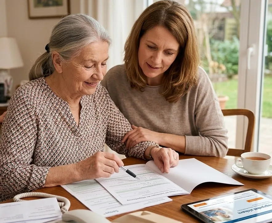 Eine ältere Dame und eine jüngere Frau sitzen gemeinsam am Tisch und füllen Antragsformulare für einen Pflegegrad aus.