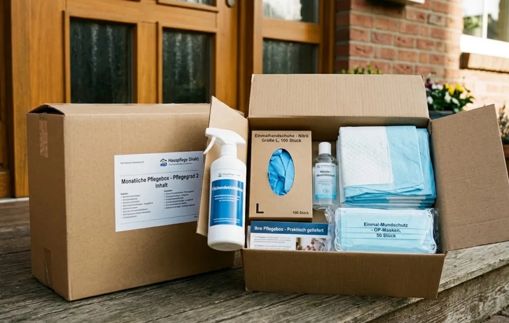 Zwei Kartons auf einer Holzveranda vor einer Haustür. Der rechte Karton ist geöffnet und zeigt übersichtlich den Inhalt einer Pflegebox: eine Sprühflasche Flächendesinfektion, Handdesinfektionsmittel, einen Karton mit blauen Nitril-Einmalhandschuhen, gestapelte Bettschutzeinlagen und eine Packung medizinischer Masken.