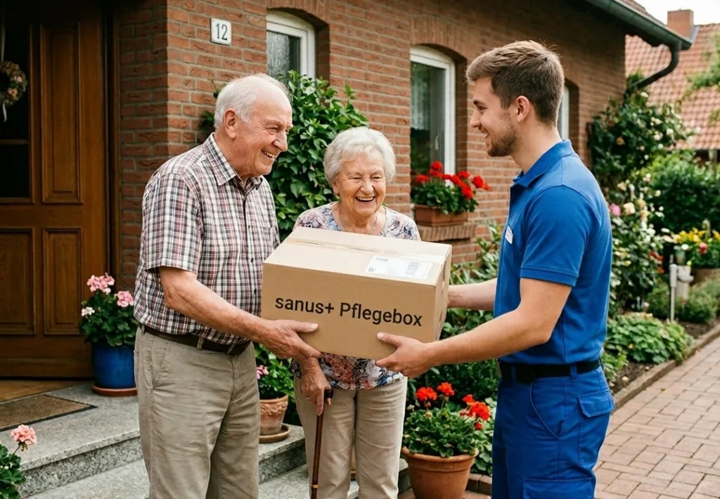 Ein älteres Ehepaar nimmt an der Haustür freudig eine Lieferung der sanus+ Pflegebox von einem Paketboten entgegen.